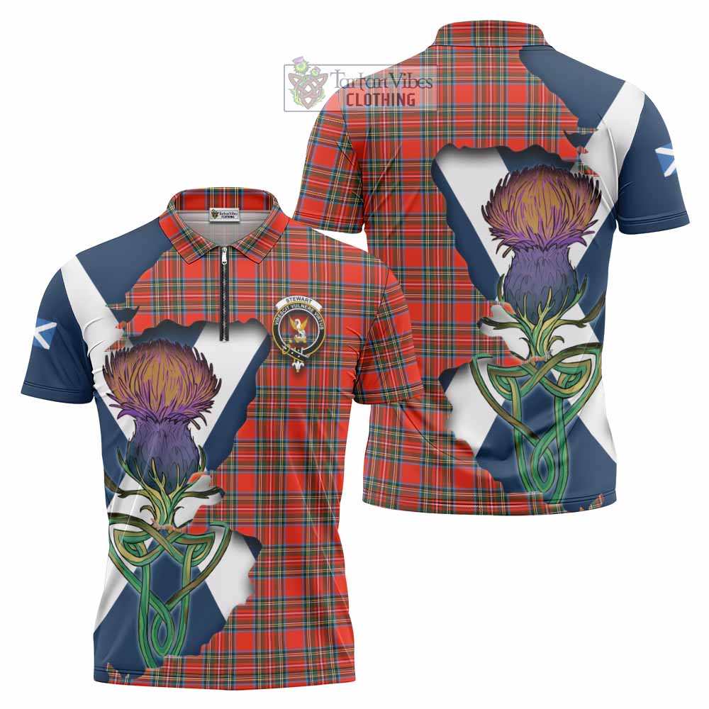 Tartan Vibes Clothing Stewart (Stuart) Tartan Family Crest Zipper Polo Shirt Scottish Thistle Celtic Inspired