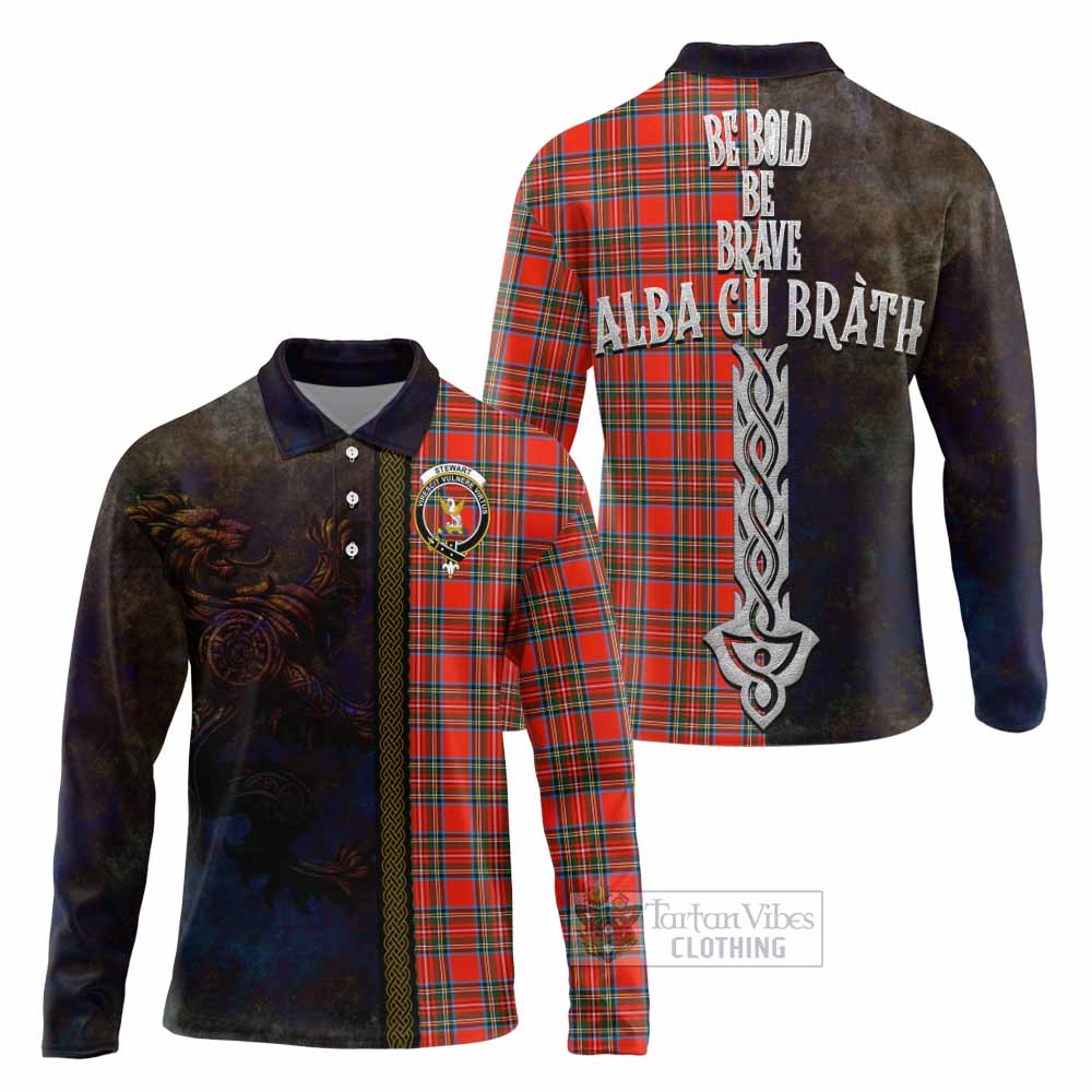 Tartan Vibes Clothing Stewart (Stuart) Tartan Family Crest Long Sleeve Polo Shirt Alba Gu Brath Be Brave Lion Ancient Style