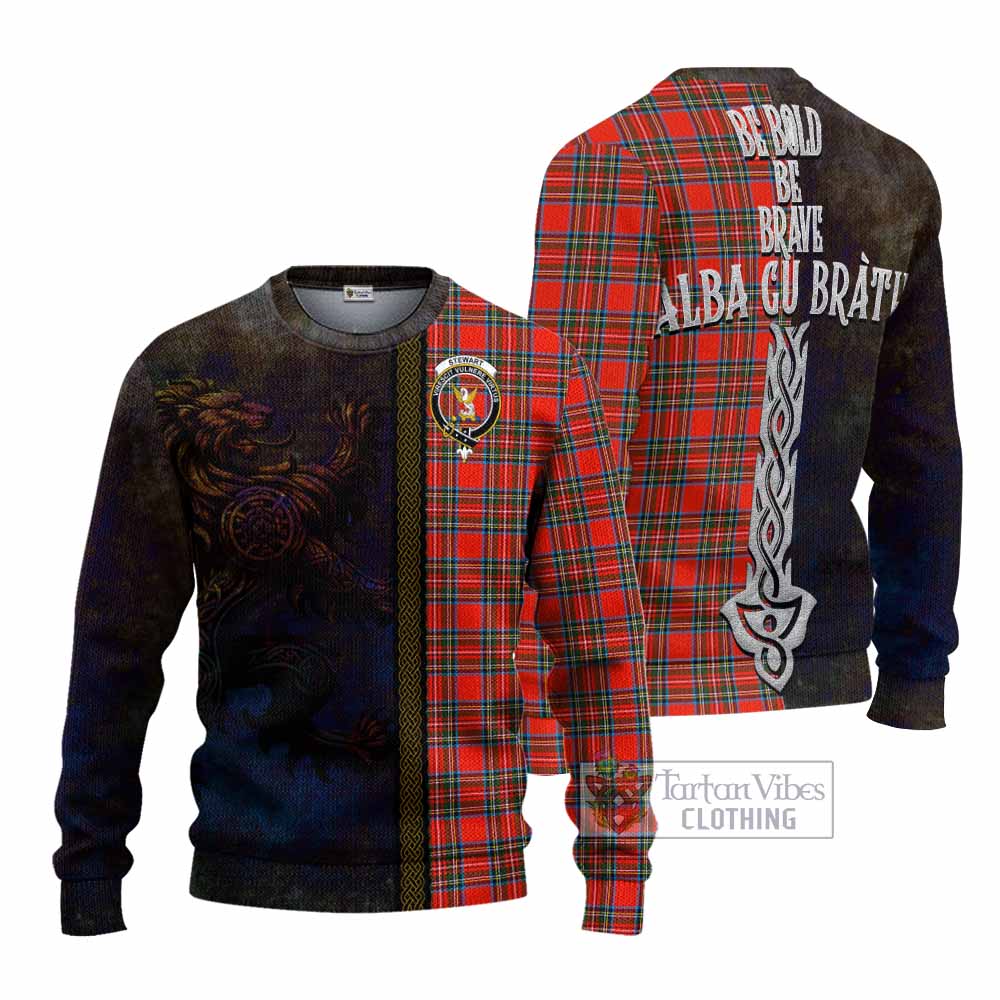 Tartan Vibes Clothing Stewart (Stuart) Tartan Family Crest Knitted Sweater Alba Gu Brath Be Brave Lion Ancient Style