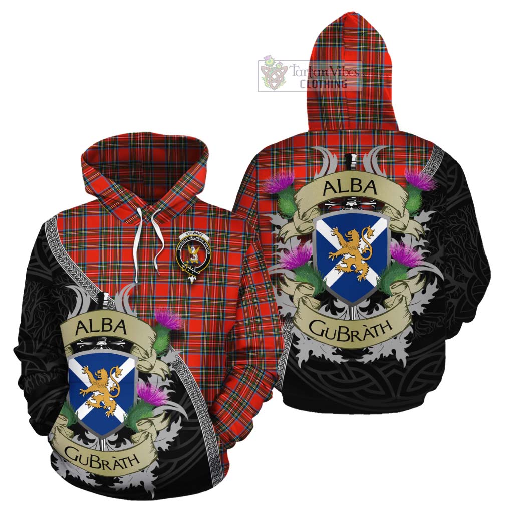 Tartan Vibes Clothing Stewart (Stuart) Tartan Family Crest Cotton Hoodie Lion Rampant Royal Thistle Shield Celtic Inspired