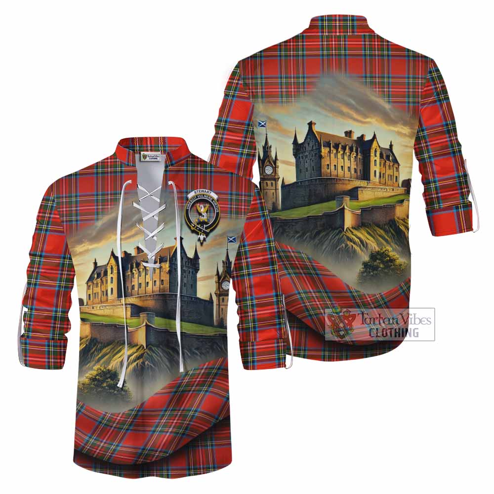 Tartan Vibes Clothing Stewart (Stuart) Tartan Family Crest Ghillie Kilt Shirt with Scottish Ancient Castle Style