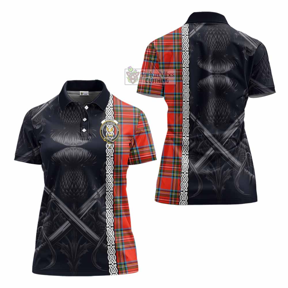 Tartan Vibes Clothing Stewart (Stuart) Tartan Women's Polo Shirt with Family Crest Cross Sword Thistle Celtic Vibes