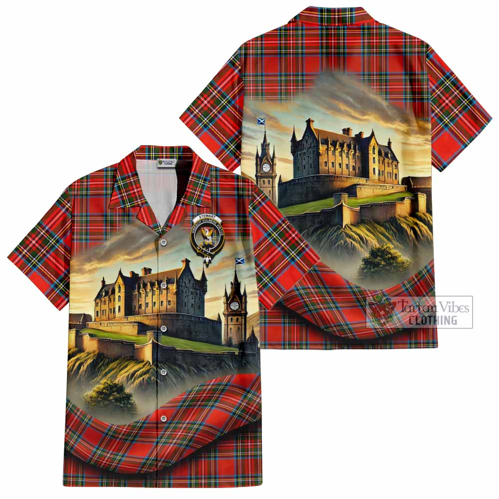 Tartan Vibes Clothing Stewart (Stuart) Tartan Family Crest Short Sleeve Button Shirt with Scottish Ancient Castle Style
