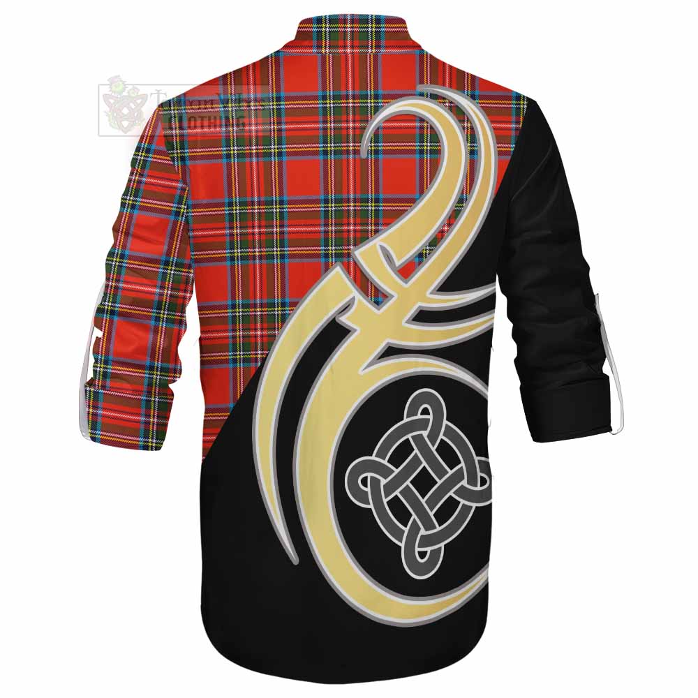 Tartan Vibes Clothing Stewart (Stuart) Tartan Ghillie Kilt Shirt with Family Crest and Celtic Symbol Style