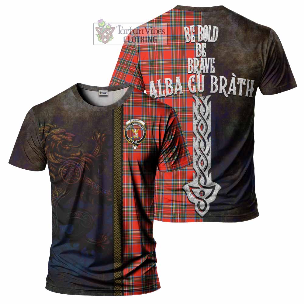 Tartan Vibes Clothing Stewart (Stuart) Tartan Family Crest T-Shirt Alba Gu Brath Be Brave Lion Ancient Style