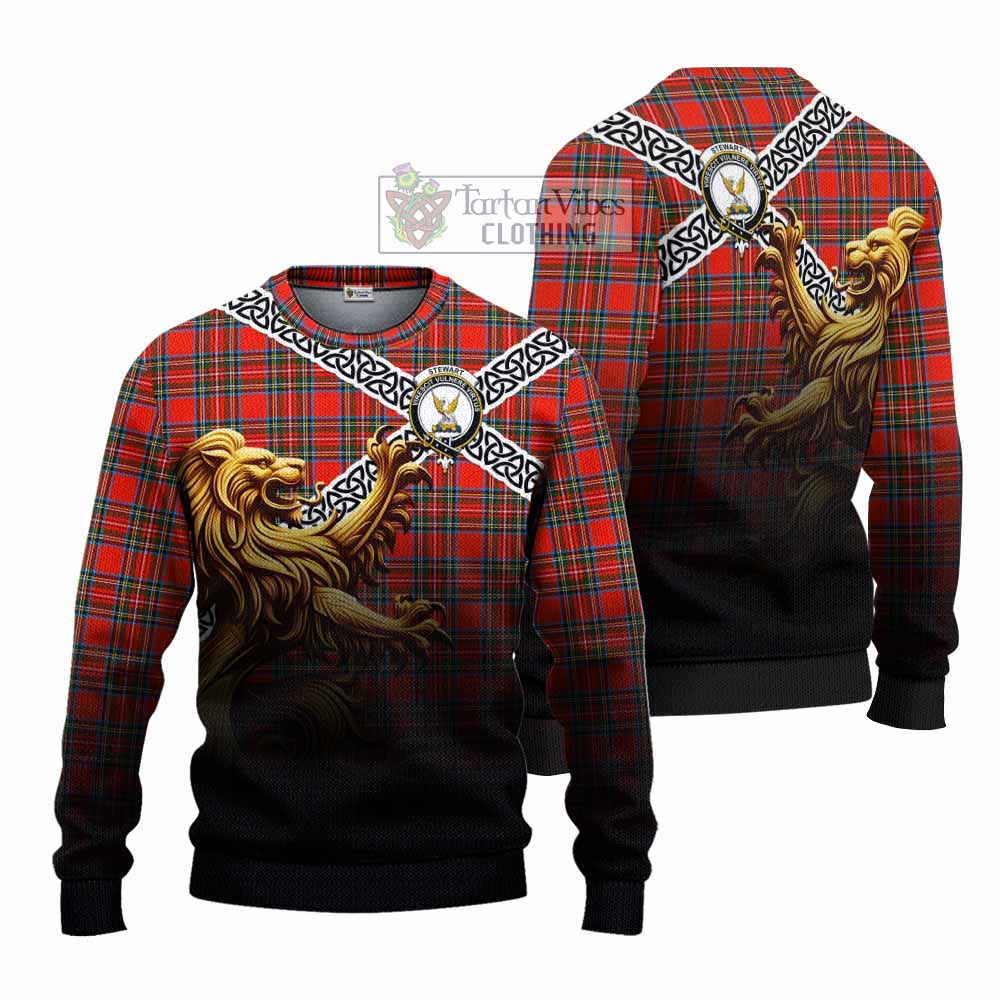 Tartan Vibes Clothing Stewart (Stuart) Crest Tartan Knitted Sweater with Golden Lion Emblem Celtic Style
