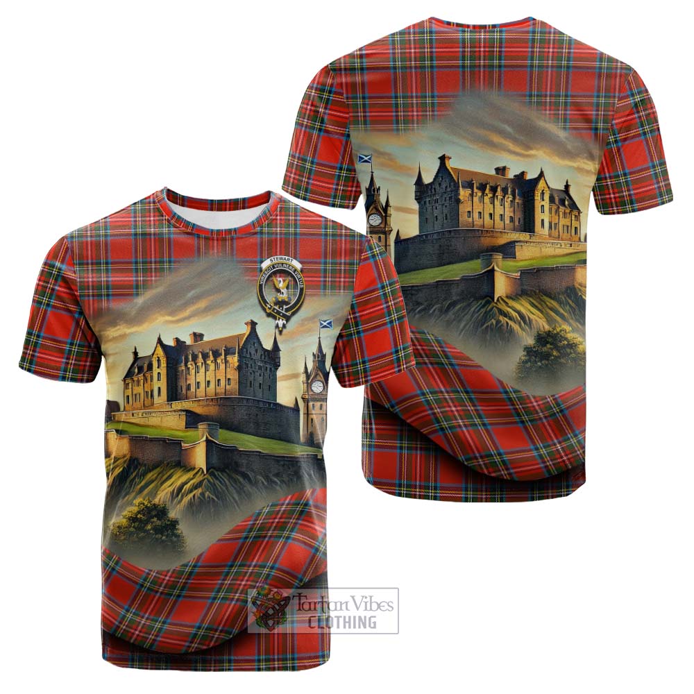 Tartan Vibes Clothing Stewart (Stuart) Tartan Family Crest Cotton T-shirt with Scottish Ancient Castle Style