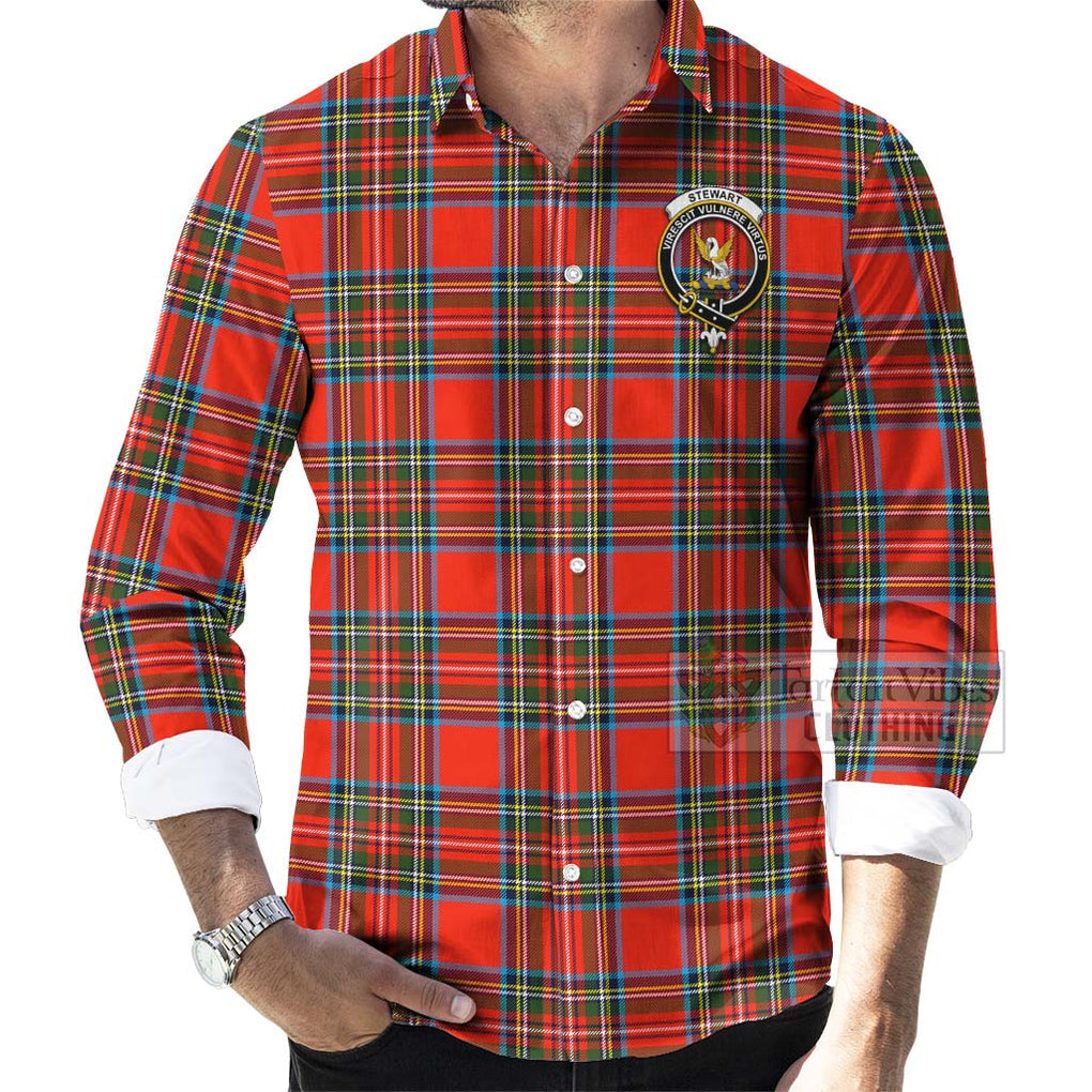 Stewart (Stuart) Tartan Long Sleeve Button Shirt with Family Crest Celtic Skull Style - Tartan Vibes Clothing