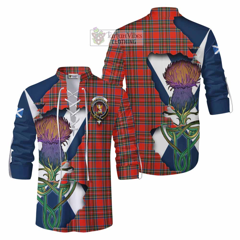 Tartan Vibes Clothing Stewart (Stuart) Tartan Family Crest Ghillie Kilt Shirt Scottish Thistle Celtic Inspired