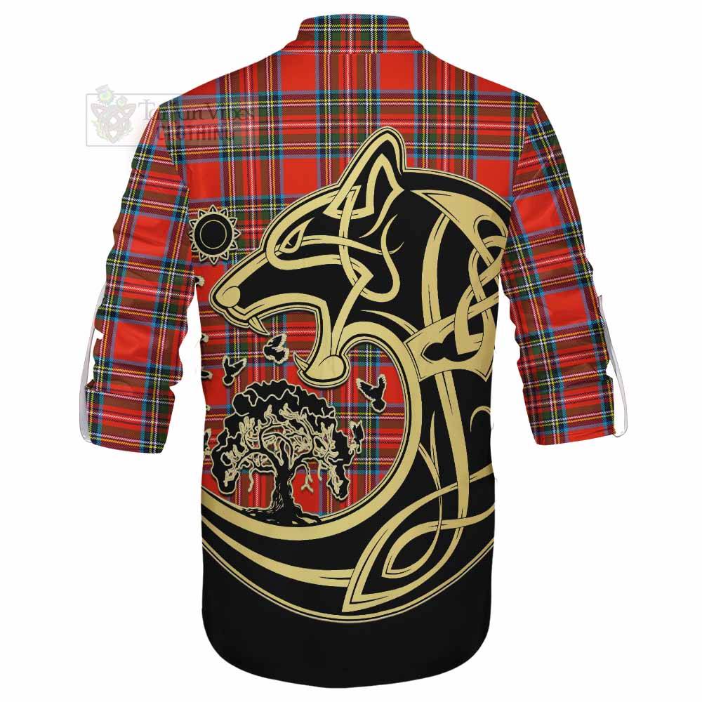 Tartan Vibes Clothing Stewart (Stuart) Tartan Ghillie Kilt Shirt with Family Crest Celtic Wolf Style