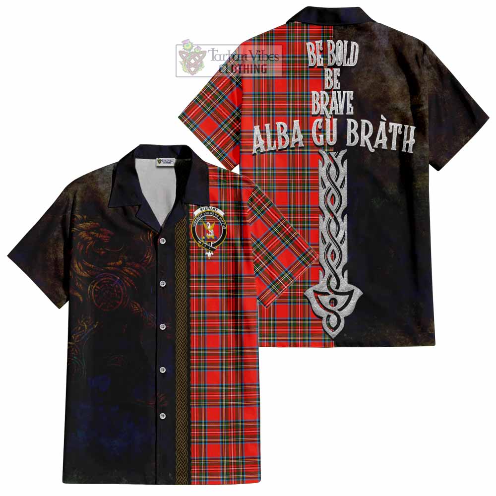 Tartan Vibes Clothing Stewart (Stuart) Tartan Family Crest Short Sleeve Button Shirt Alba Gu Brath Be Brave Lion Ancient Style