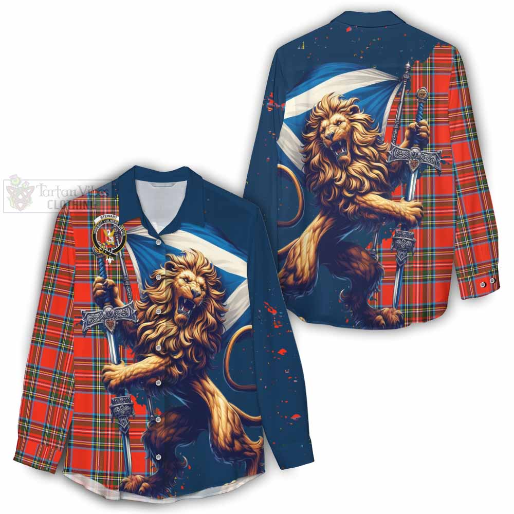 Tartan Vibes Clothing Stewart (Stuart) Tartan Family Crest Women's Casual Shirt with Scottish Majestic Lion