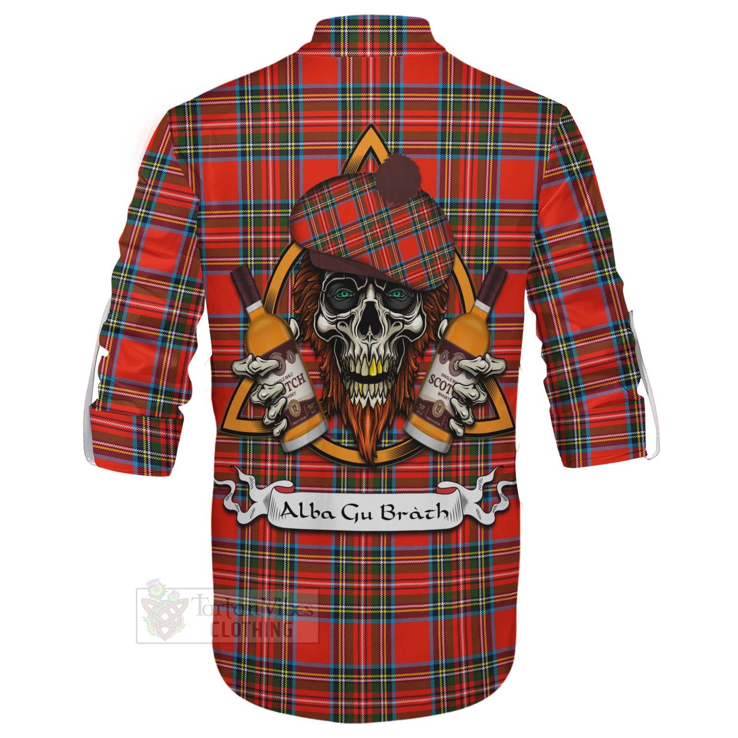 Tartan Vibes Clothing Stewart (Stuart) Tartan Ghillie Kilt Shirt with Family Crest and Bearded Skull Holding Bottles of Whiskey