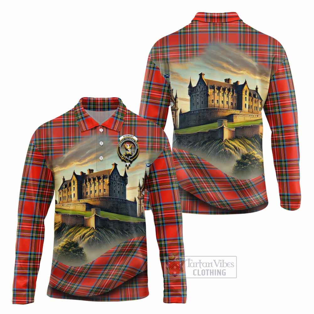 Tartan Vibes Clothing Stewart (Stuart) Tartan Family Crest Long Sleeve Polo Shirt with Scottish Ancient Castle Style