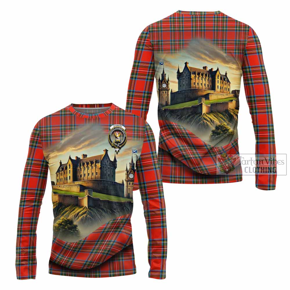 Tartan Vibes Clothing Stewart (Stuart) Tartan Family Crest Long Sleeve T-Shirt with Scottish Ancient Castle Style