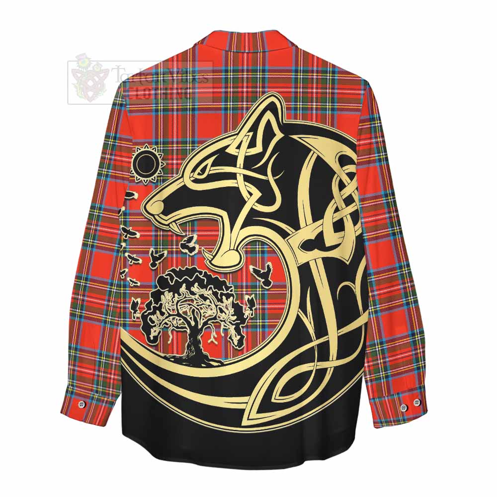 Stewart (Stuart) Tartan Women's Casual Shirt with Family Crest Celtic Wolf Style - Tartan Vibes Clothing
