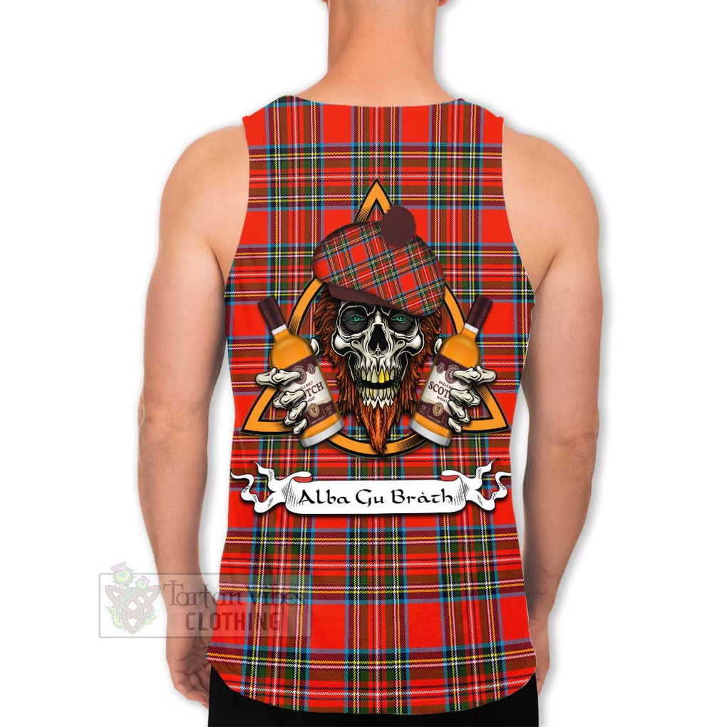 Tartan Vibes Clothing Stewart (Stuart) Tartan Men's Tank Top with Family Crest and Bearded Skull Holding Bottles of Whiskey