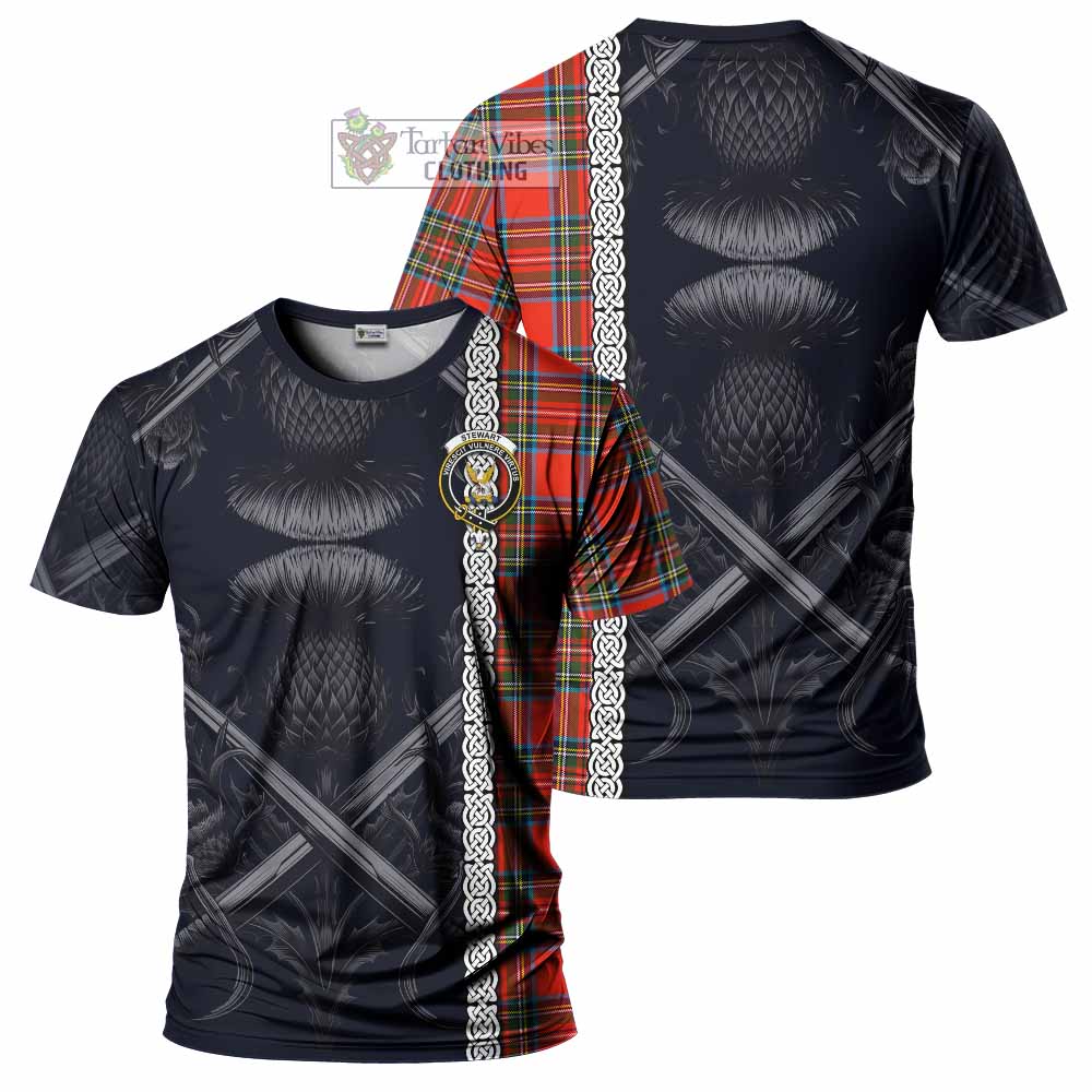 Tartan Vibes Clothing Stewart (Stuart) Tartan T-Shirt with Family Crest Cross Sword Thistle Celtic Vibes