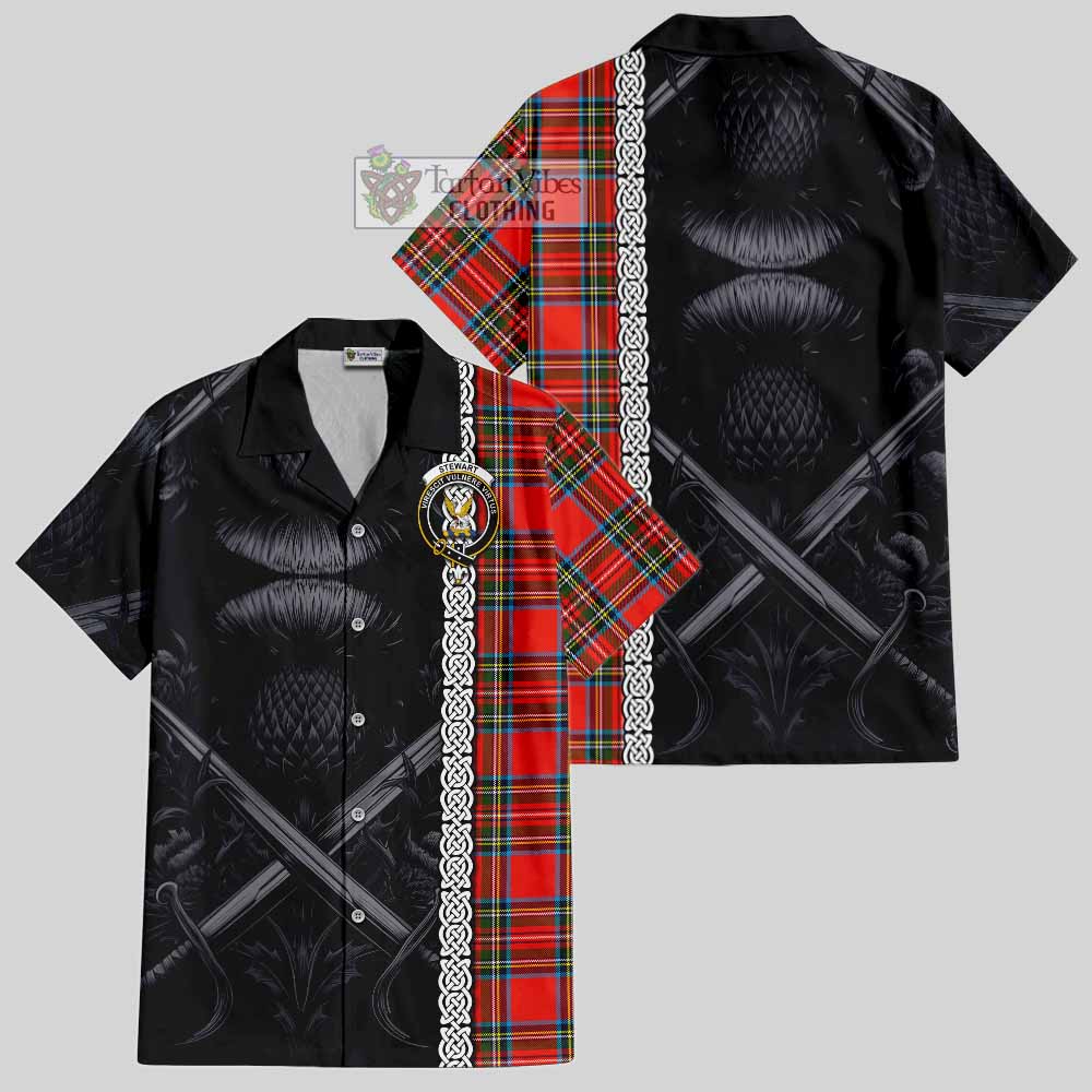 Tartan Vibes Clothing Stewart (Stuart) Tartan Short Sleeve Button Shirt with Family Crest Cross Sword Thistle Celtic Vibes