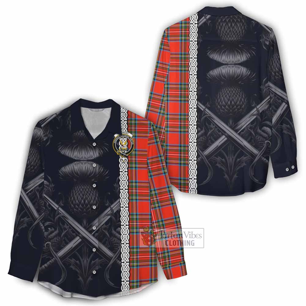 Tartan Vibes Clothing Stewart (Stuart) Tartan Women's Casual Shirt with Family Crest Cross Sword Thistle Celtic Vibes