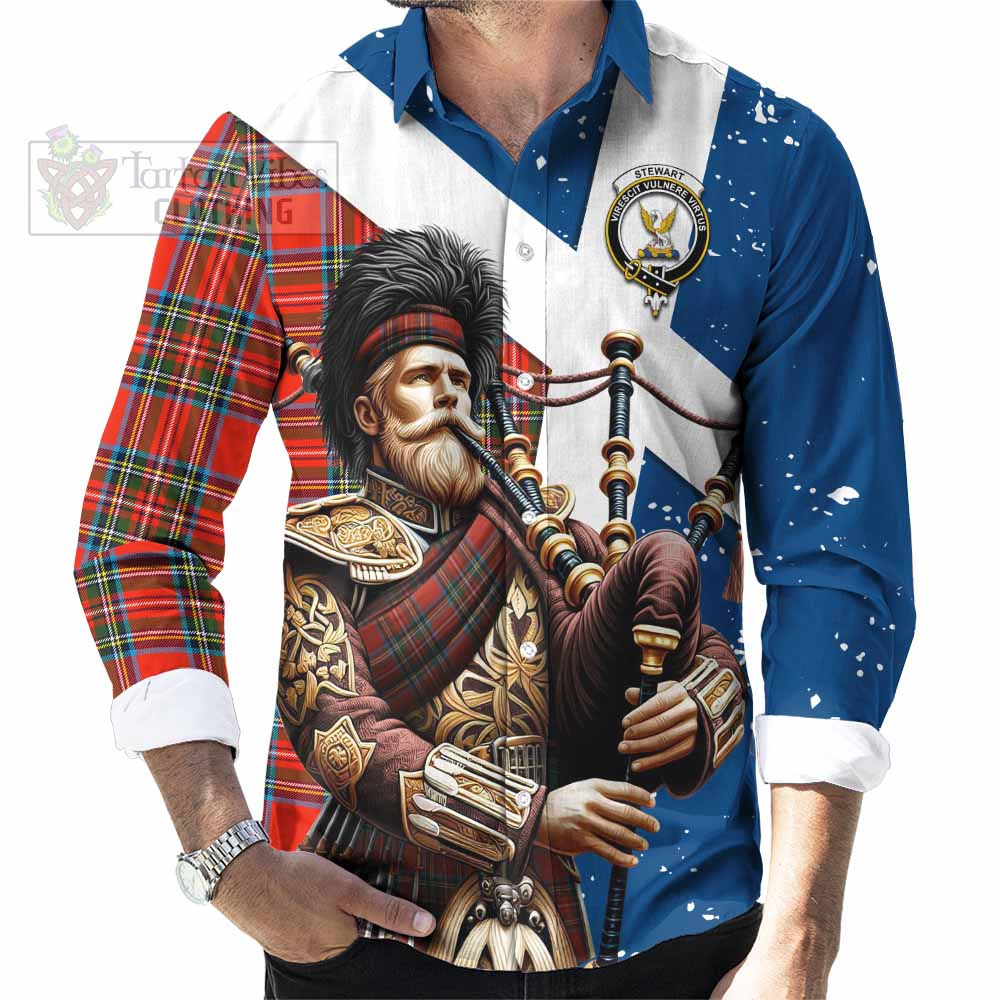 Tartan Vibes Clothing Stewart (Stuart) Tartan Long Sleeve Button Shirt with Family Crest Scottish Bagpiper Vibes