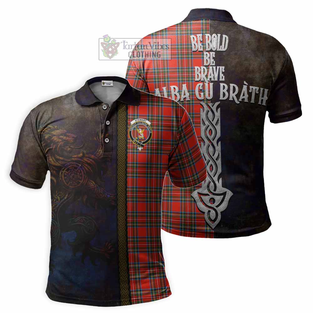 Tartan Vibes Clothing Stewart (Stuart) Tartan Family Crest Polo Shirt Alba Gu Brath Be Brave Lion Ancient Style