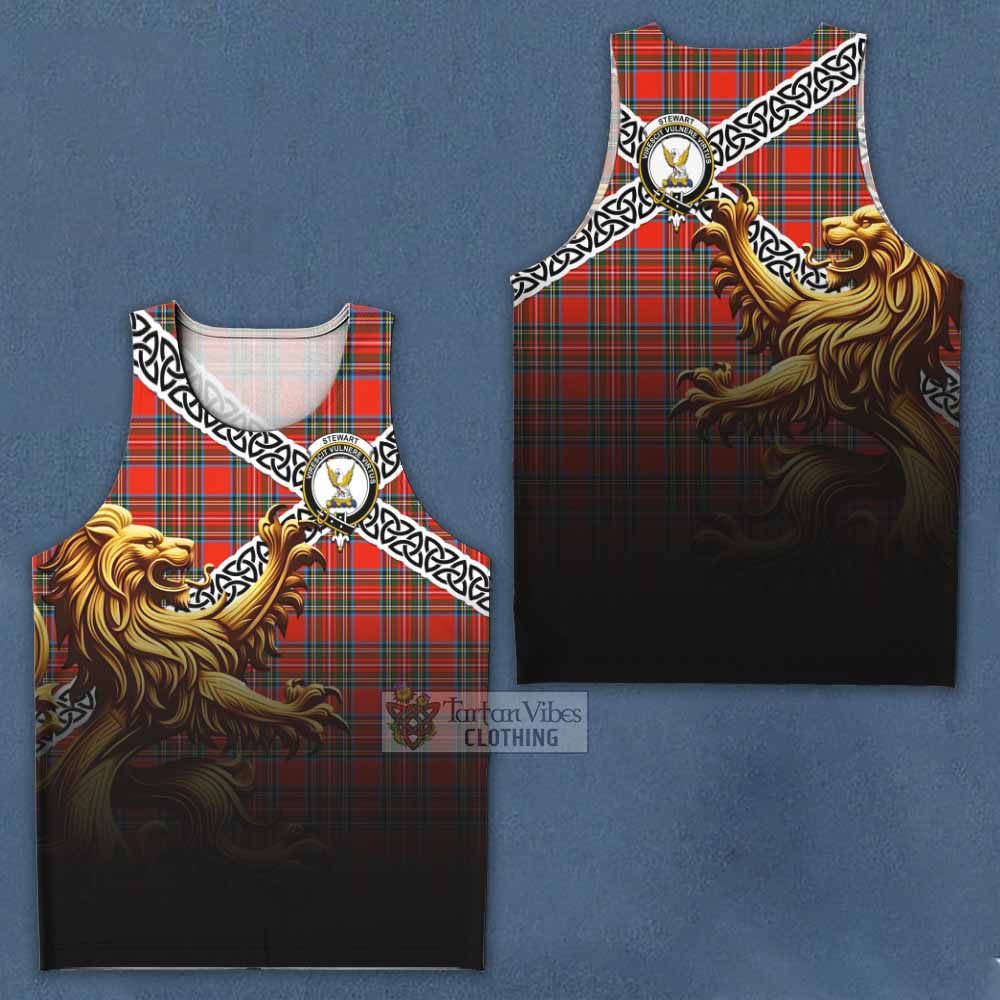 Tartan Vibes Clothing Stewart (Stuart) Crest Tartan Men's Tank Top with Golden Lion Emblem Celtic Style