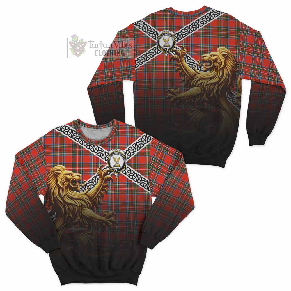 Tartan Vibes Clothing Stewart (Stuart) Crest Tartan Sweatshirt with Golden Lion Emblem Celtic Style