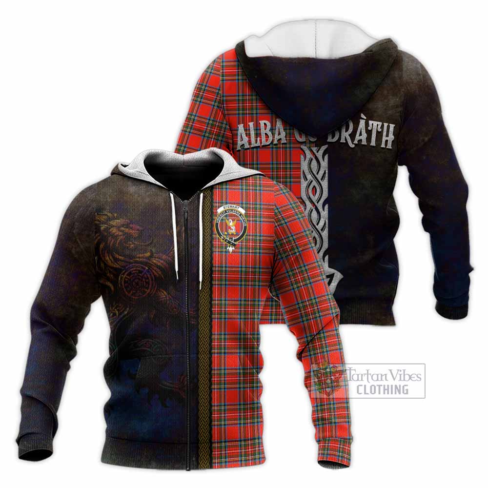 Tartan Vibes Clothing Stewart (Stuart) Tartan Family Crest Knitted Hoodie Alba Gu Brath Be Brave Lion Ancient Style
