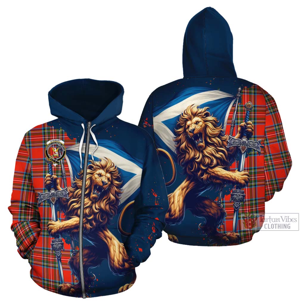 Tartan Vibes Clothing Stewart (Stuart) Tartan Family Crest Cotton Hoodie with Scottish Majestic Lion