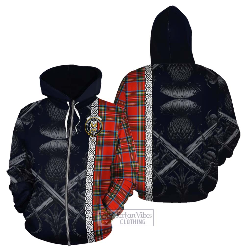 Tartan Vibes Clothing Stewart (Stuart) Tartan Cotton Hoodie with Family Crest Cross Sword Thistle Celtic Vibes