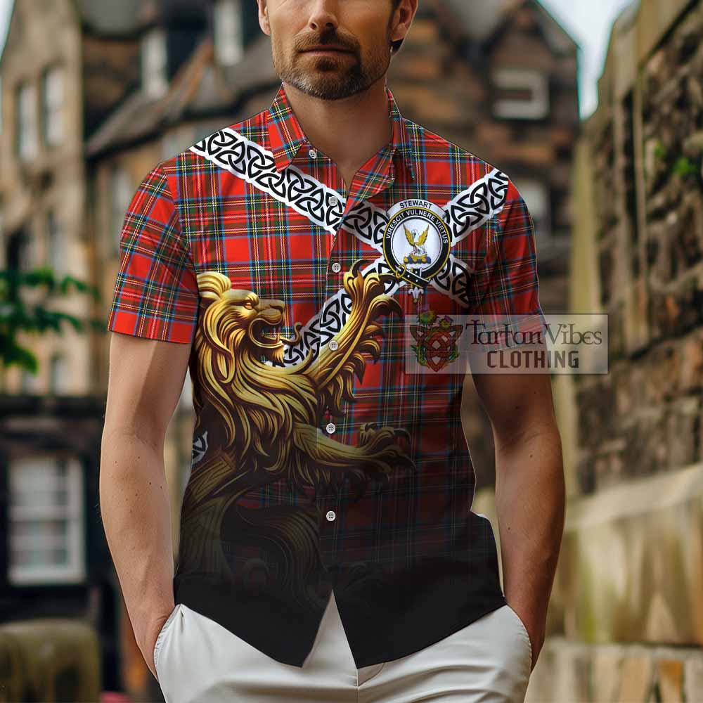 Tartan Vibes Clothing Stewart (Stuart) Crest Tartan Short Sleeve Button Shirt with Golden Lion Emblem Celtic Style