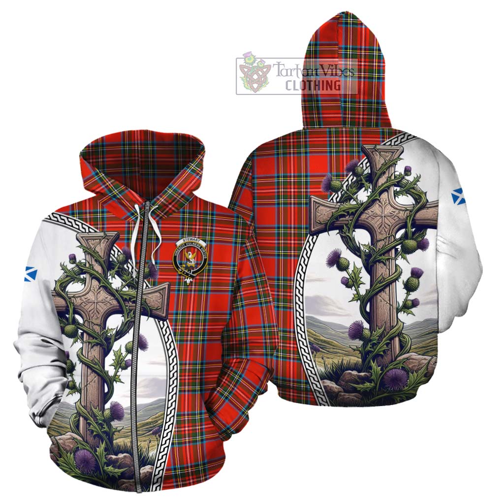 Tartan Vibes Clothing Stewart (Stuart) Tartan Cotton Hoodie with Family Crest and St. Andrew's Cross Accented by Thistle Vines