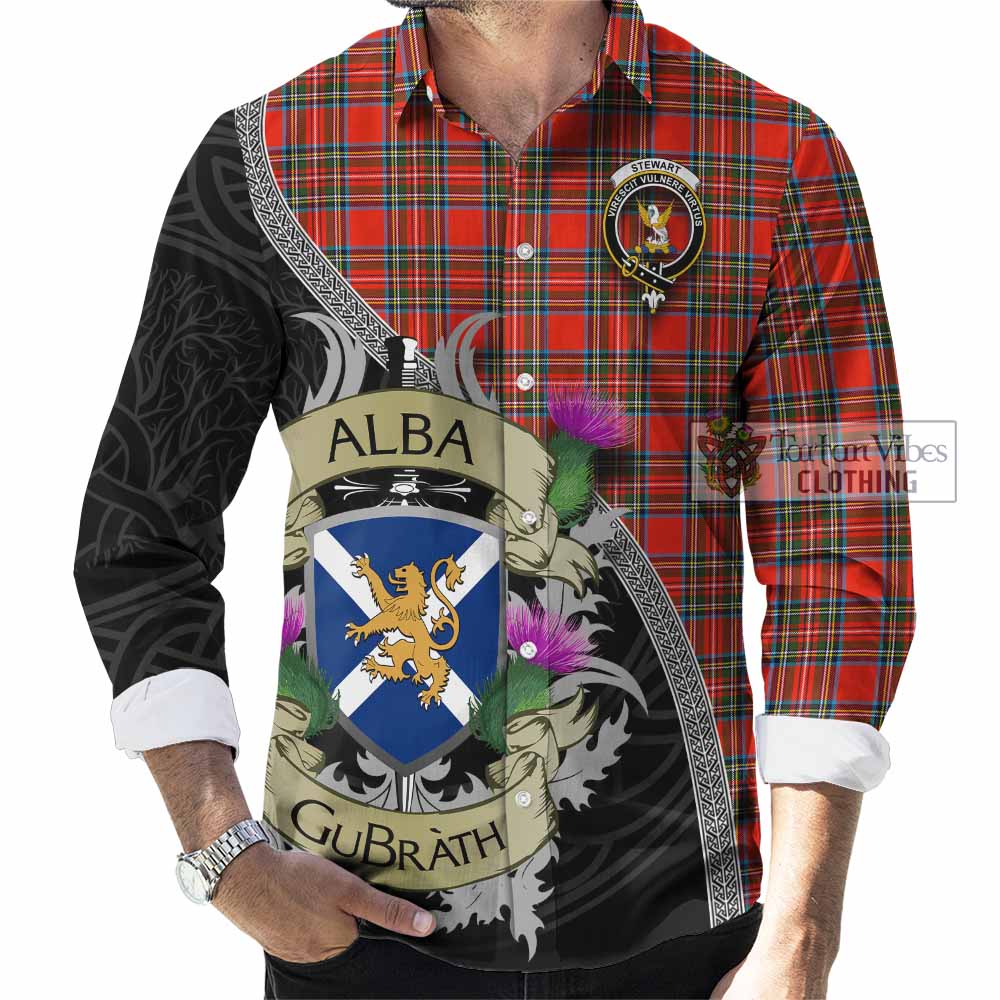 Tartan Vibes Clothing Stewart (Stuart) Tartan Family Crest Long Sleeve Button Shirt Lion Rampant Royal Thistle Shield Celtic Inspired