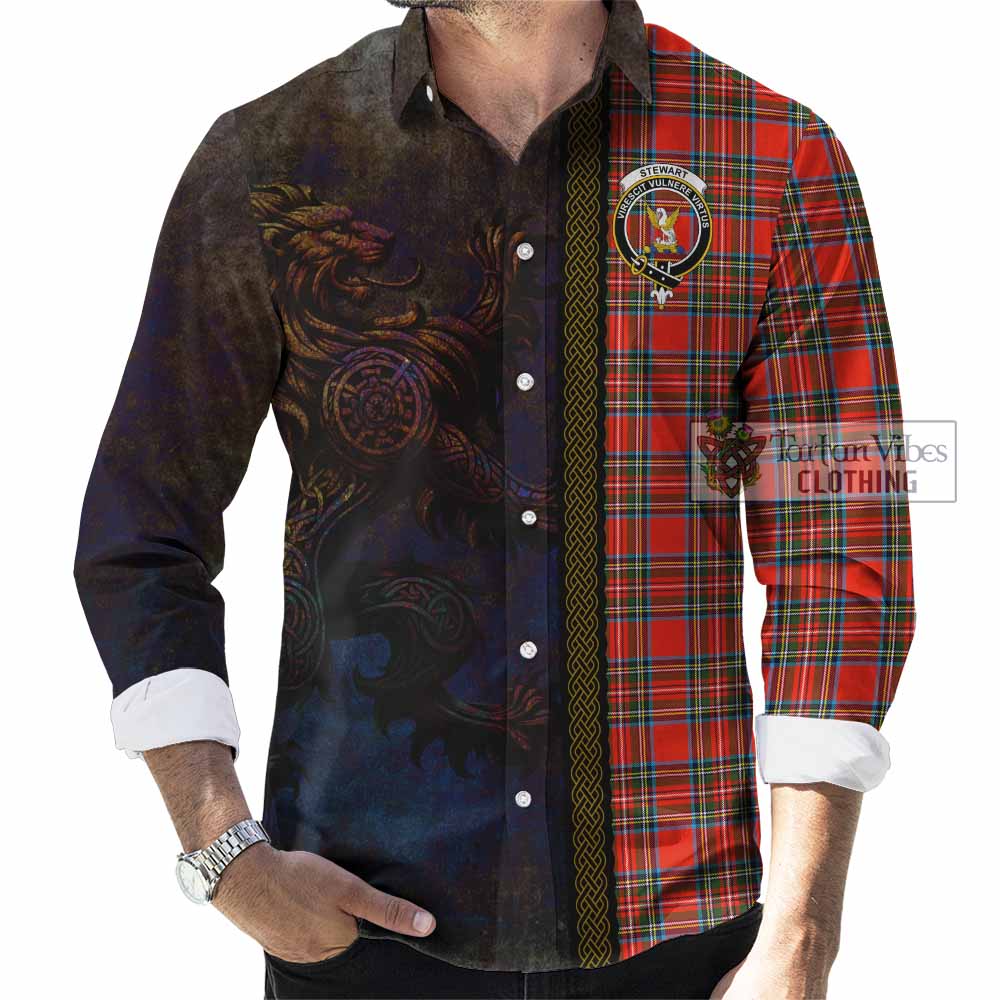Stewart (Stuart) Tartan Family Crest Long Sleeve Button Shirt Alba Gu Brath Be Brave Lion Ancient Style - Tartan Vibes Clothing