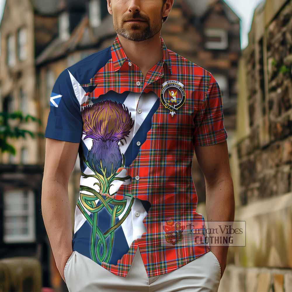 Tartan Vibes Clothing Stewart (Stuart) Tartan Family Crest Short Sleeve Button Shirt Scottish Thistle Celtic Inspired