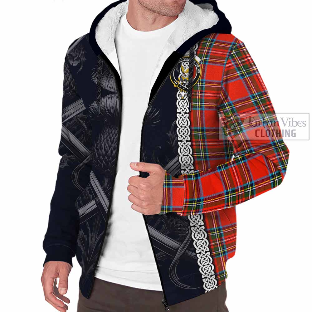 Tartan Vibes Clothing Stewart (Stuart) Tartan Sherpa Hoodie with Family Crest Cross Sword Thistle Celtic Vibes