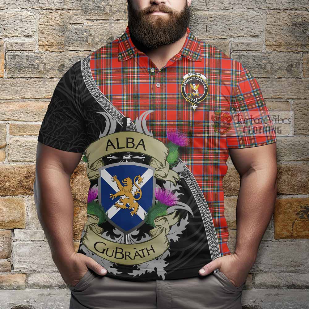 Tartan Vibes Clothing Stewart (Stuart) Tartan Family Crest Polo Shirt Lion Rampant Royal Thistle Shield Celtic Inspired