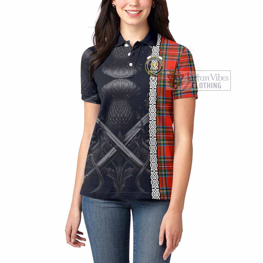 Tartan Vibes Clothing Stewart (Stuart) Tartan Women's Polo Shirt with Family Crest Cross Sword Thistle Celtic Vibes