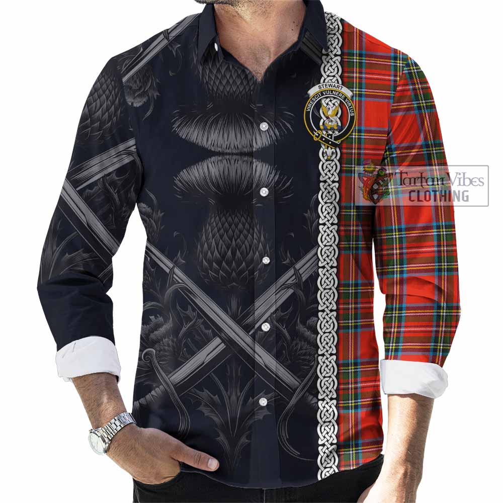 Tartan Vibes Clothing Stewart (Stuart) Tartan Long Sleeve Button Shirt with Family Crest Cross Sword Thistle Celtic Vibes