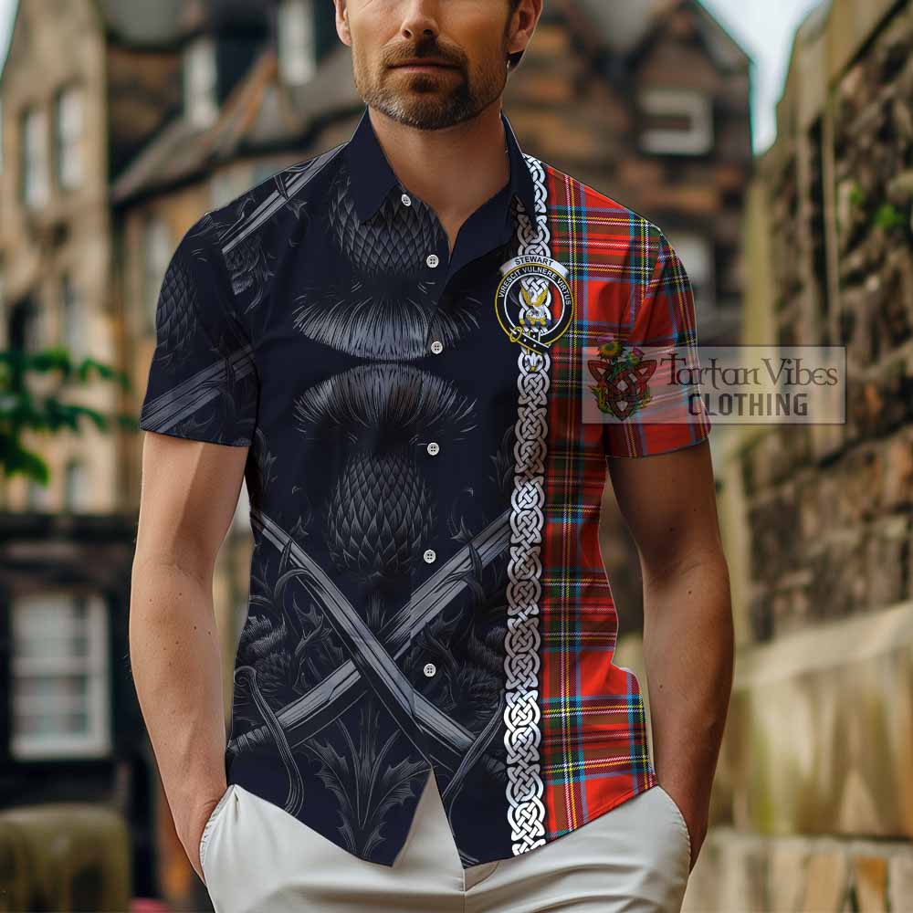 Tartan Vibes Clothing Stewart (Stuart) Tartan Short Sleeve Button Shirt with Family Crest Cross Sword Thistle Celtic Vibes