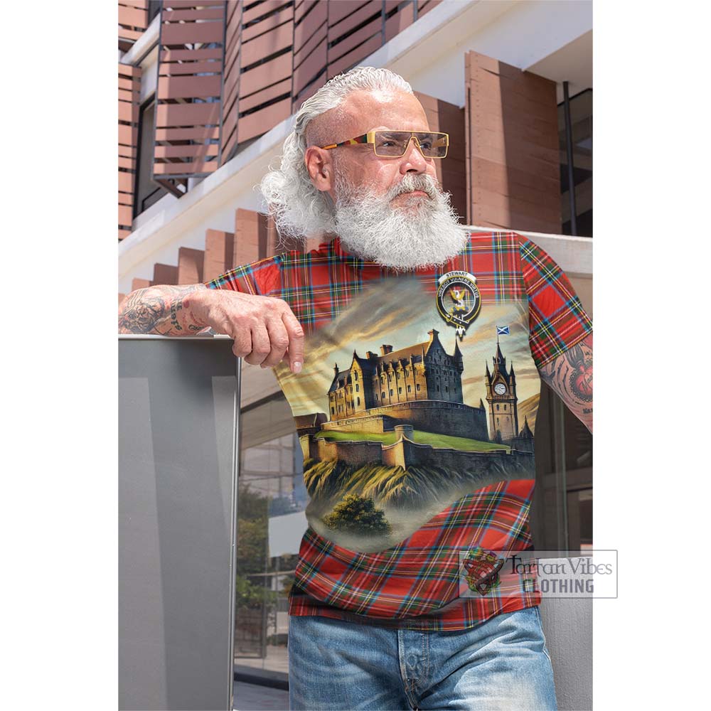 Tartan Vibes Clothing Stewart (Stuart) Tartan Family Crest Cotton T-shirt with Scottish Ancient Castle Style