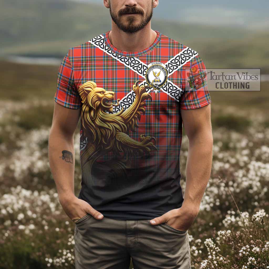 Tartan Vibes Clothing Stewart (Stuart) Crest Tartan T-Shirt with Golden Lion Emblem Celtic Style