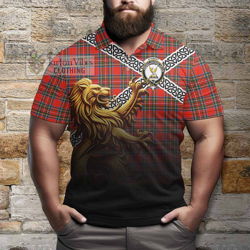 Tartan Vibes Clothing Stewart (Stuart) Crest Tartan Polo Shirt with Golden Lion Emblem Celtic Style