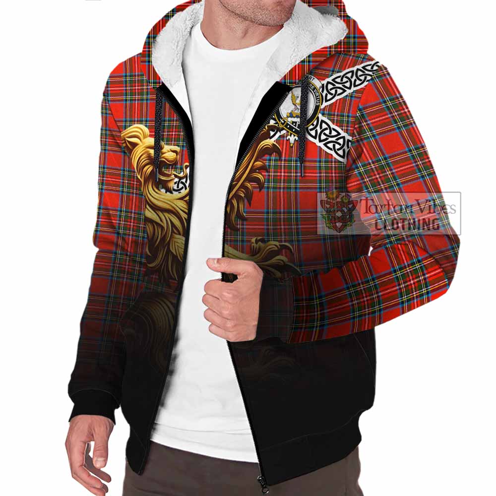 Tartan Vibes Clothing Stewart (Stuart) Crest Tartan Sherpa Hoodie with Golden Lion Emblem Celtic Style