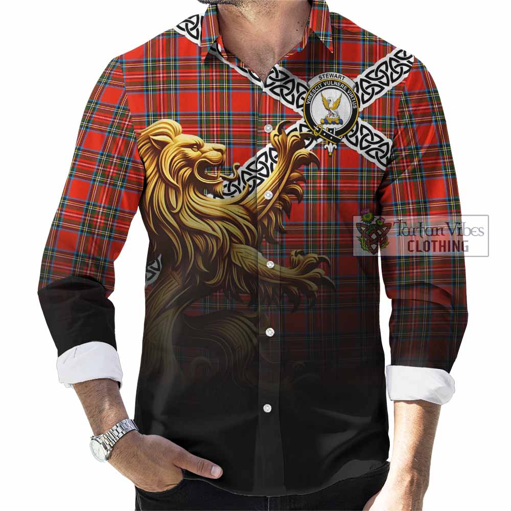 Tartan Vibes Clothing Stewart (Stuart) Crest Tartan Long Sleeve Button Shirt with Golden Lion Emblem Celtic Style