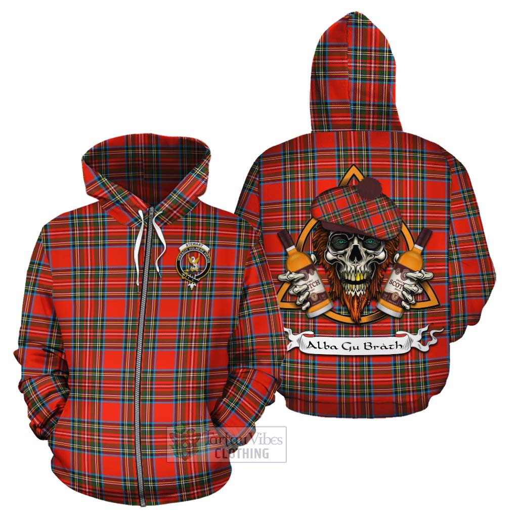 Tartan Vibes Clothing Stewart (Stuart) Tartan Cotton Hoodie with Family Crest and Bearded Skull Holding Bottles of Whiskey