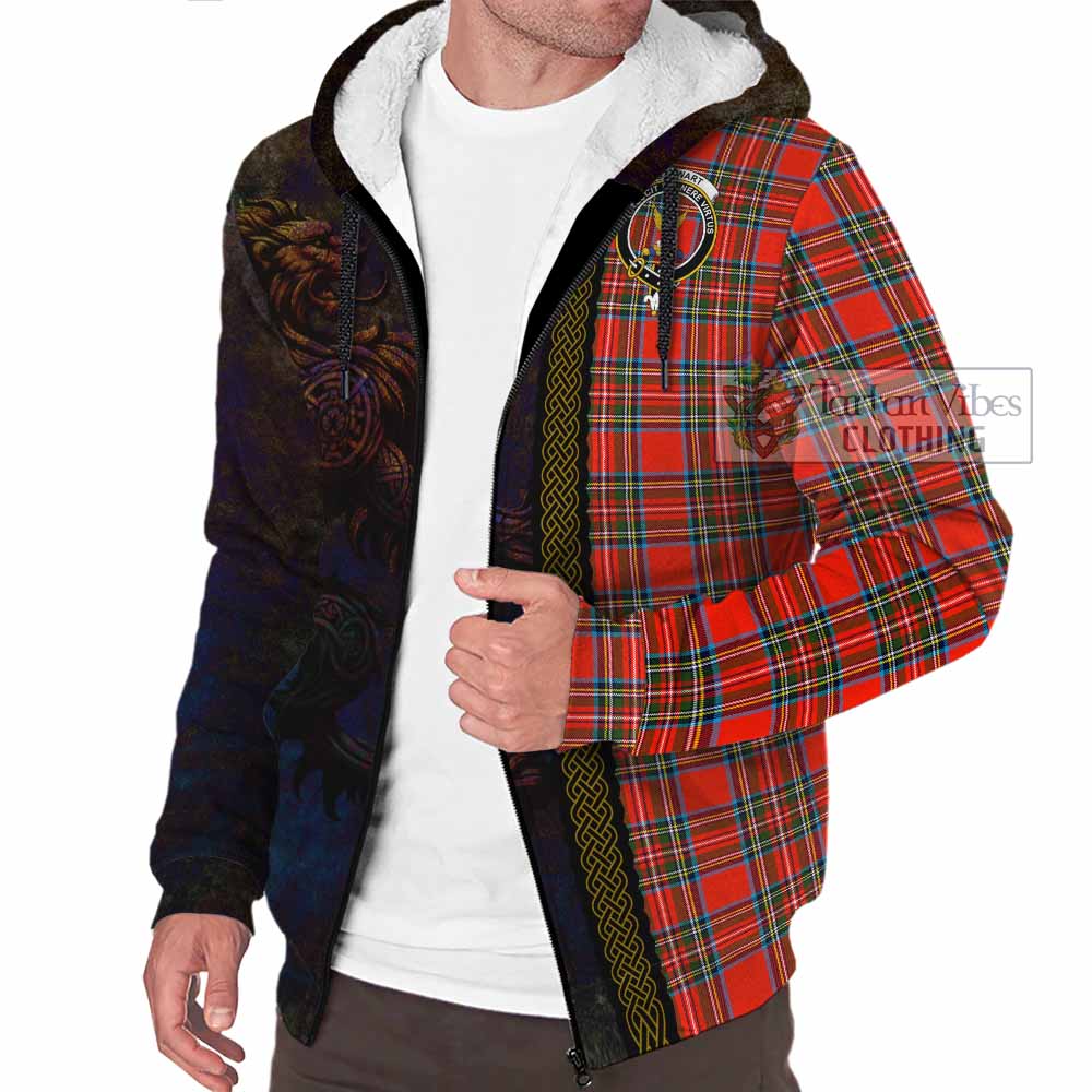 Tartan Vibes Clothing Stewart (Stuart) Tartan Family Crest Sherpa Hoodie Alba Gu Brath Be Brave Lion Ancient Style