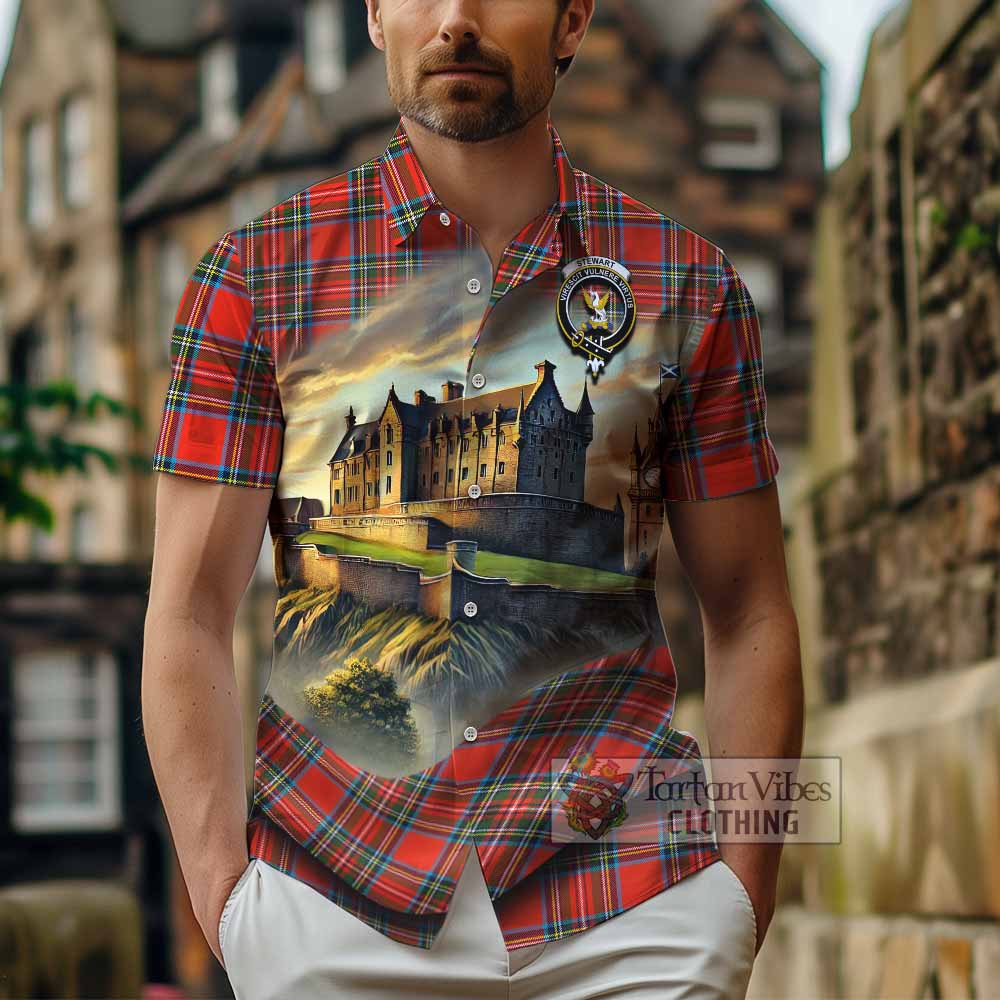 Tartan Vibes Clothing Stewart (Stuart) Tartan Family Crest Short Sleeve Button Shirt with Scottish Ancient Castle Style