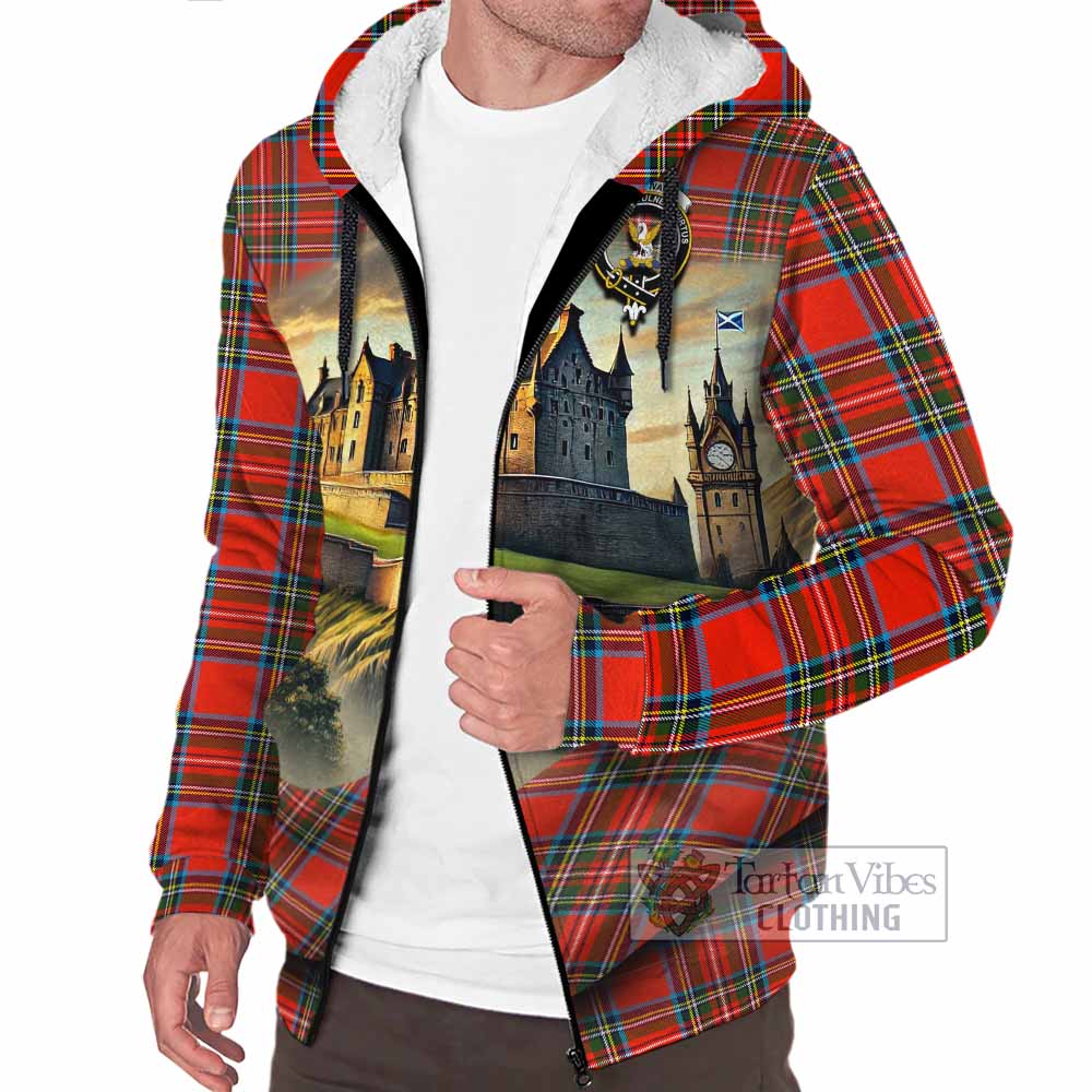 Tartan Vibes Clothing Stewart (Stuart) Tartan Family Crest Sherpa Hoodie with Scottish Ancient Castle Style